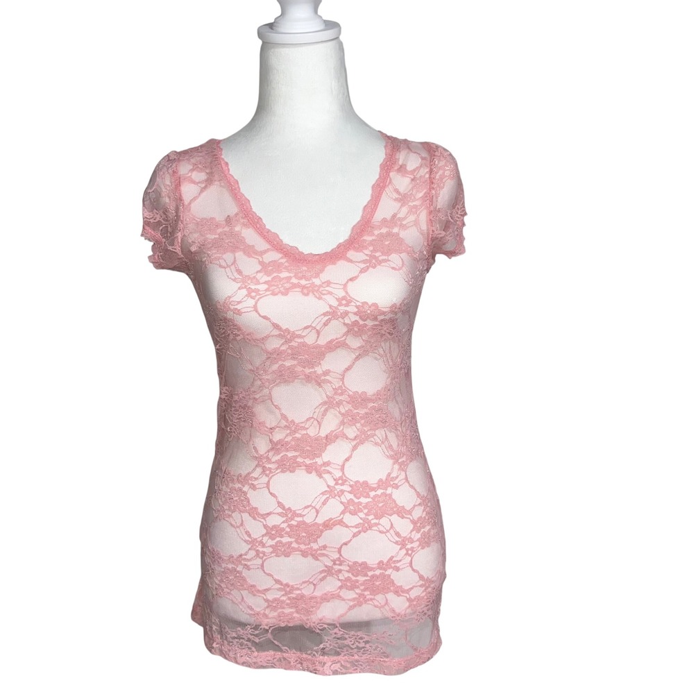 Y2K Pink Sheer Lace Top Coquette Fairy Grunge - Picture 2 of 7